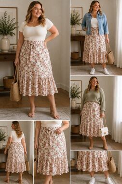 C Est 1946 Plus Size 22/24W Floral Midi Skirt Ivory Pink Ruffle Hem Tie Waist